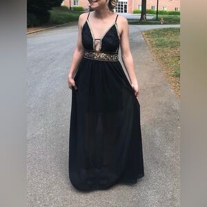 Gorgeous Soieblu Black and Gold formal Maxi Dress with lace